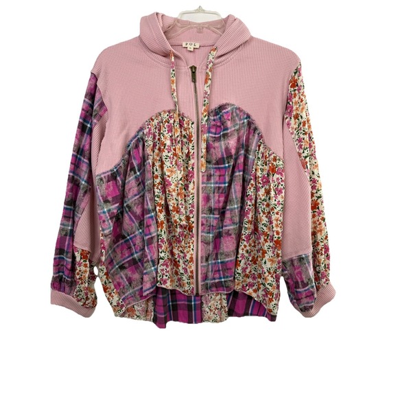 POL Floral Patchwork Pink Waffle Hoodie Full Zip Oversized Womens Small Boho - Picture 3 of 11